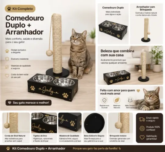 Kit Comedouro Duplo Personalizado + Arranhador para Gatos