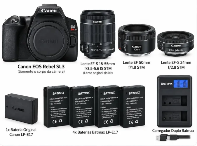 Canon EOS Rebel SL3 + 3 Lentes (18-55, 50, 24)+ 5 Baterias + Carregadores