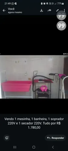 Vendo kit banho e tosa. Banheira, secador, soprador 220v e mesinha.