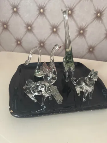 Conjunto de Esculturas de Vidro - Girafa, Cisne e Gato