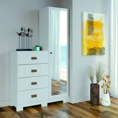 CÔMODA COM ESPELHO 4 GAVETAS 1 PORTA