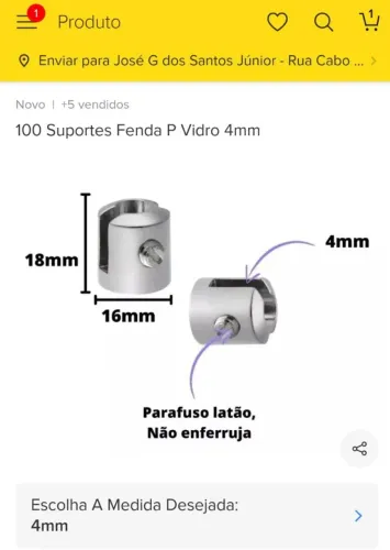 100 Suportes Fenda P Vidro 4mm Metal Cromado