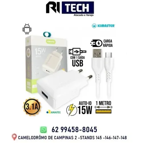 Kit Carregador Cabo Usb V8 Micro Usb 15W 3.1A Compacto e Seguro 1 Ano de Garantia