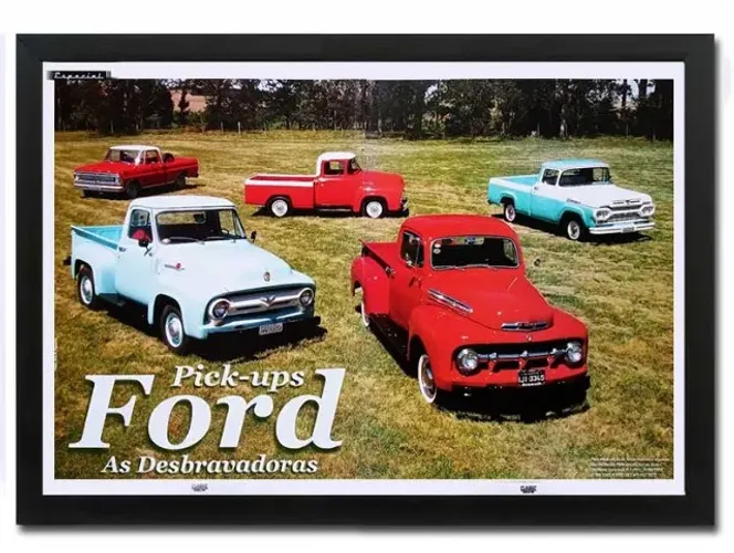 Ford pickups antigas F1 e F100 - Quadro decorativo com matéria original de revista, pôster