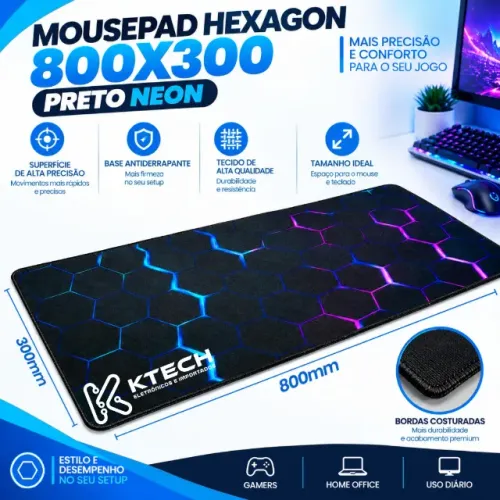 Mousepad Gamer Grande 800x300 Hexagon Preto Neon