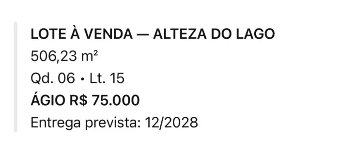 LOTE NO ALTEZA DO LAGO ? 506,23 m²