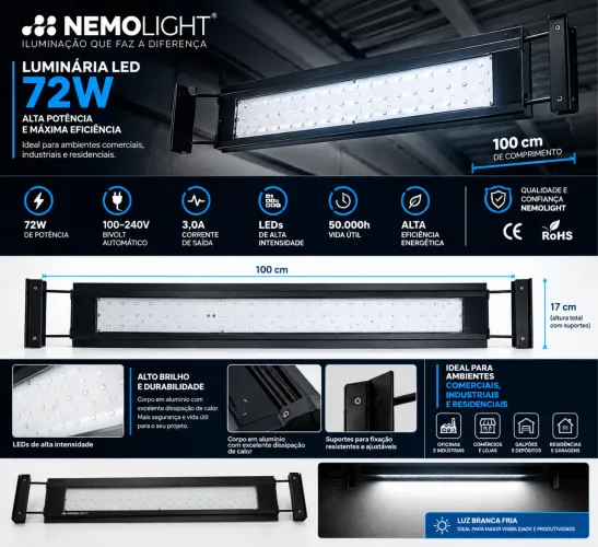LUMINÁRIA LED NEMOLIGHT 72W ? 100 CM