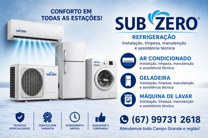 Instalação e higienização de ar condicionado, manutenção geladeira e máquina de lavar