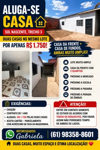 Aluga-se casa com barraco sol nascente