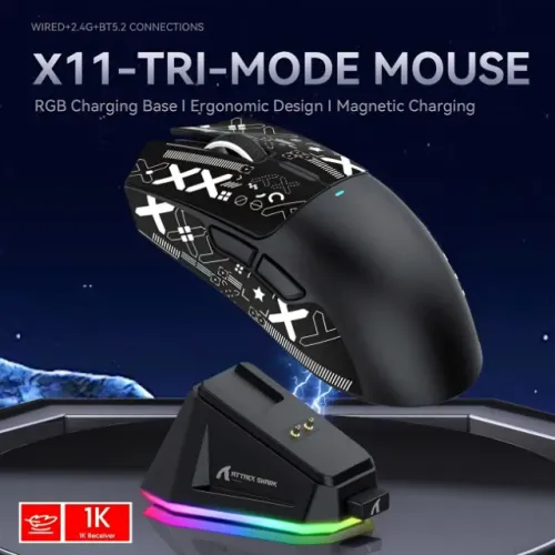 Mouse Gamer X11 Attack Shark Sensor PAW3311 Base de Carregamento RGB Bluetooth USB