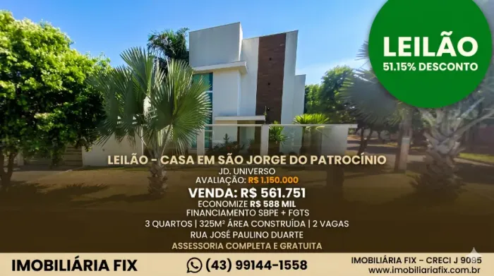 ALERTA DE NEGÓCIO: IMÓVEL DE R$ 1,1 MILHÃO POR APENAS R$ 561 MIL EM SÃO JORGE DO PATROCÍNI