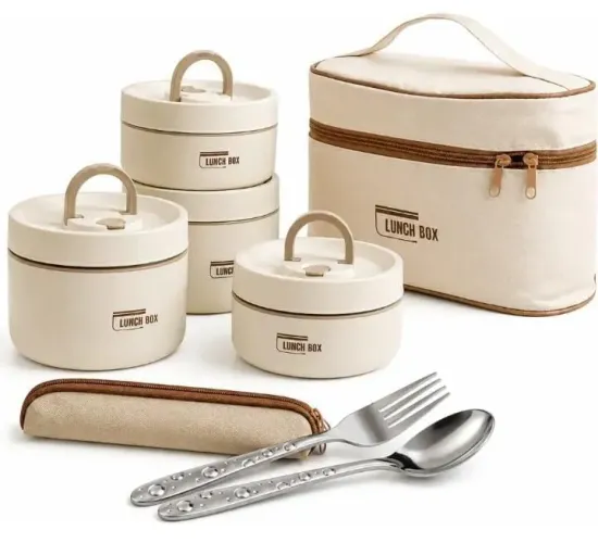 Marmita Térmica Inox Kit 4 Potes com Bolsa Lunch Box e Garfo/Colher