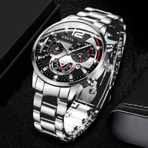 Relógio Geneva de quartzo analógico masculino com calendário, pulseira de aço inoxidável
