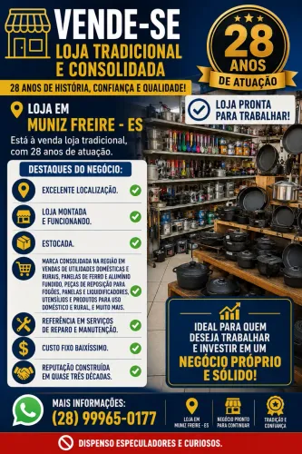 ? VENDE-SE - Loja Tradicional e Consolidada | 28 Anos de História | Muniz Freire/ES