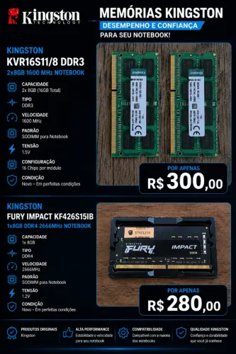 Memória Kingston DDR3 2x8GB 1600 MHZ 1.5v,Kingston Fury Impact 1x8GB DDR4 SODIMM 8GB 2666