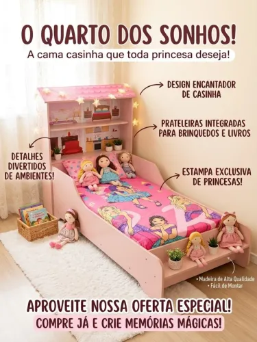 Cama Infantil Menina com Casinha (Tema Princesas)