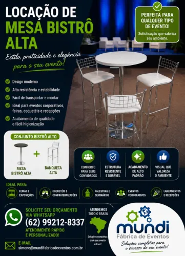 Locação de Mesa Bistrô alta para eventos em Goiânia