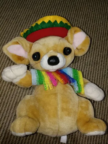 Antiga Pelúcia Chihuahua mexicano. Toca a música Lá bamba.