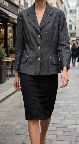 Conjunto Blazer Cinza 3 Botões Prateados + Saia Preta Babado Camadas - Tam M