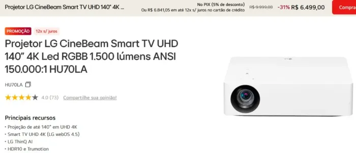 Projetor LG Cinebeam, 4K UHD, 1500 Lumens