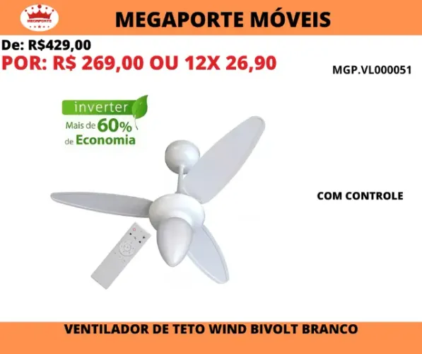 Ventilador de Teto Wind Bivolt 3P Inverter C/Controle Ventisol