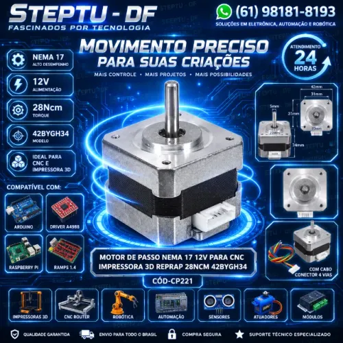 Motor De Passo Nema 17 12V Para Cnc Impressora 3D Reprap 28Ncm 42BYGH34 COD-CP221