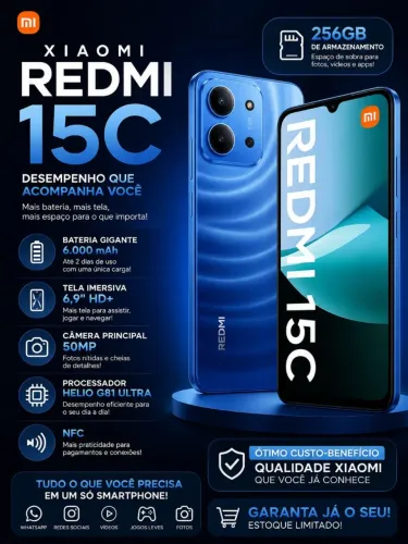 Xiaomi Redmi 15C 256GB Tela 6.9" Bateria 6000mAh Com NFC - Novo Lacrado 