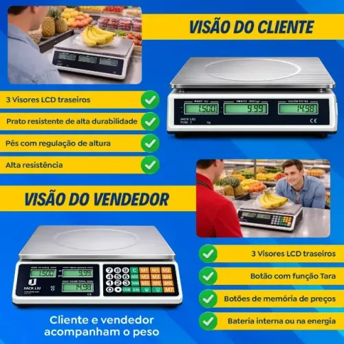 Balança Digital 40kg Comercial Eletrônica Bivolt Bateria Recarregável Portátil