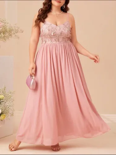Vestido longo com brilhos rosado