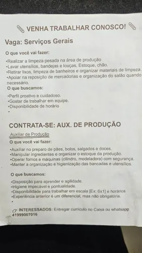 Panificadora Porto Rico, estamos contratando 