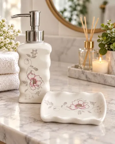 Conjunto Vintage em Porcelana Porta-Sabonete Líquido + Saboneteira ?