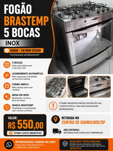 FOGÃO BRASTEMP 5 BOCAS INOX