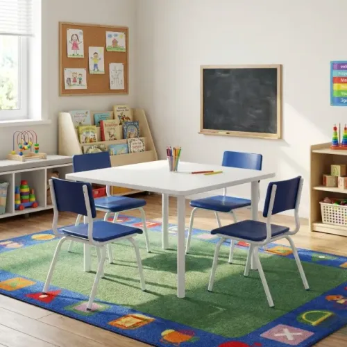 Conjunto Juvenil Mesa Quadrada Branco com 4 Cadeiras Azuis Ideal 6 a 9 Anos Escolar 41094
