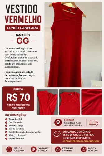 Vestido Longo Vermelho Canelado - Tam. GG