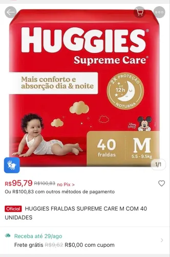 Pacote grande Fraldas Huggies de R$ 65,90/96,79 por R$ 49,90
