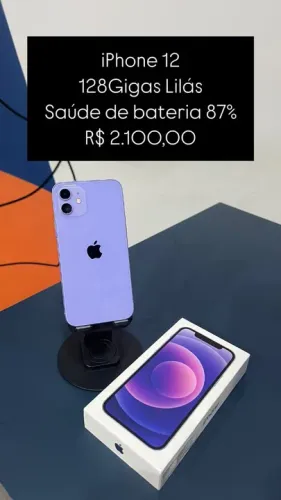 iPhone 12 128GB Lilas Saúde de bateria 87% R$2.100,00 Semi Novo | Loja Fisica |