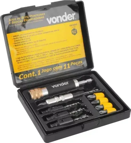 Jogo de bits ponteiras e brocas escariadoras, 11 peças, encaixe de 1/4", Vonder