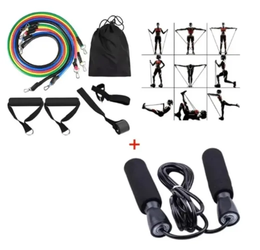 Kit Completo de Exercícios - Faixas Elásticas + Corda de Pular