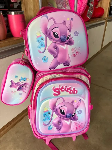 Promoção Kit mochila com rodinha, estojo e lancheira infantil 3D. Stitch, Homem Aranha