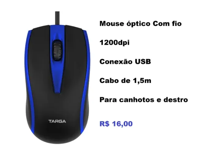 Mouse Óptico USB com Fio 1200 DPI Targa M50 Azul (novo)
