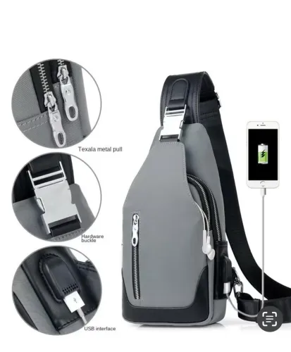 Mochila Sling Cinza - USB, Impermeável, Moderna