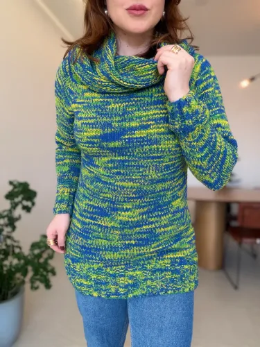 Blusa de Tricot M Alongada Mesclada Verde e Azul