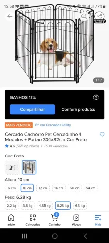 Cercado Cachorro Pet Cercadinho 4<br>Modulos + Portao 334x82cm Cor Preto