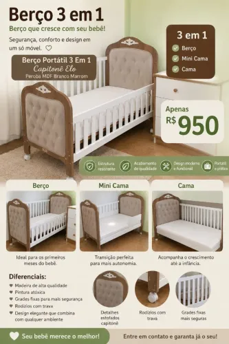 Berço Portátil 3 Em 1 Capitonê Elo Peroba Mdf Branco Marrom