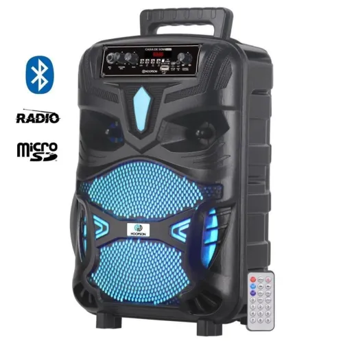 Caixa de Som Portátil Hoopson 100W Preto Bluetooth, USB, Auxiliar, Micro SD e FM