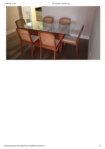 mesa de jantar retangular (1,80 x 1), tampo vidro, base madeira, com 6 cadeiras