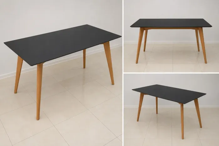 Mesa de Jantar Moderna 135x80 cm | Tampo Preto e Pés Amadeirados