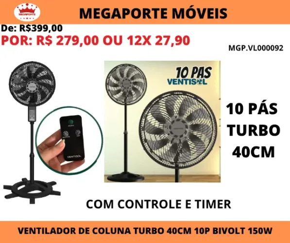 Ventilador de Coluna Turbo 10 Pás 150W Bivolt com Controle Ventisol