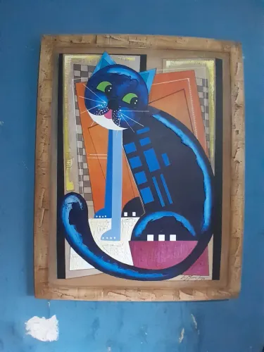 Reeleitura de "Gato Azul", pelo pintor Luiz Moraes. Quadro emoldurado