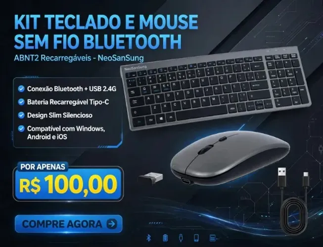 Kit Teclado E Mouse Sem Fio Bluetooth Abnt2 Recarregáveis
